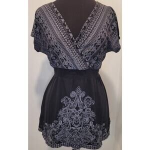Boho V-Neck Empire Waist Blouse Black White Paisley Free People Style M